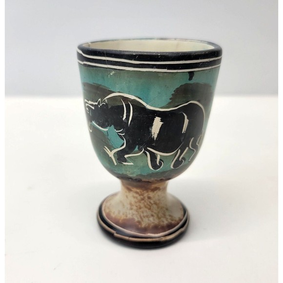 Vintage Stone Egg Cup Kenya Rhino Africa Safari Savanna Hand Carved Etched 3" - Picture 1 of 10